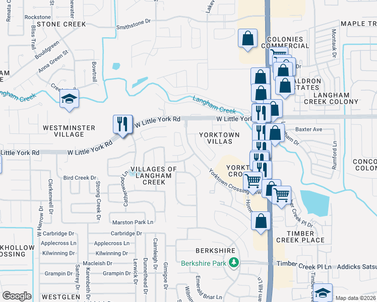 map of restaurants, bars, coffee shops, grocery stores, and more near 6006 Langham Mist Lane in Houston