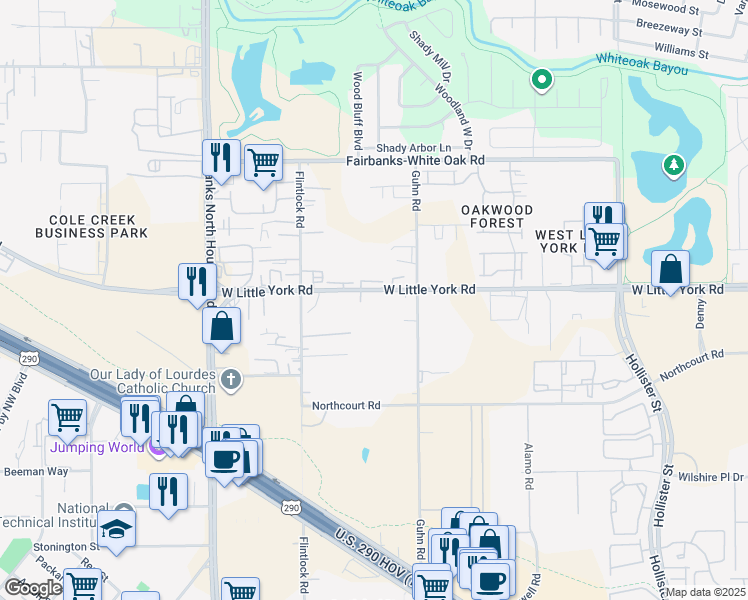 map of restaurants, bars, coffee shops, grocery stores, and more near 8109 West Little York Road in Houston