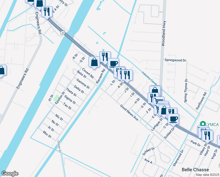 map of restaurants, bars, coffee shops, grocery stores, and more near 117 L Street in Belle Chasse