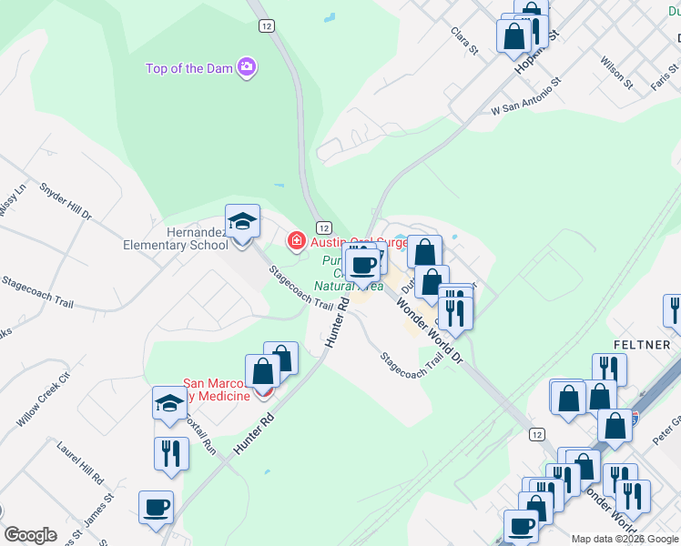 map of restaurants, bars, coffee shops, grocery stores, and more near 2106 Hunter Road in San Marcos