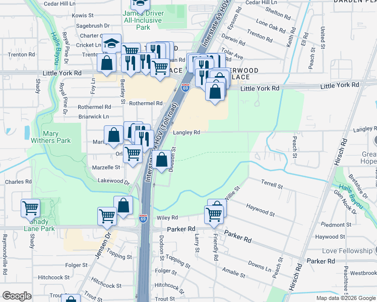 map of restaurants, bars, coffee shops, grocery stores, and more near 10505 Larry Street in Houston