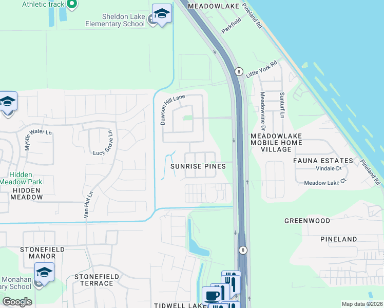 map of restaurants, bars, coffee shops, grocery stores, and more near 9614 Alex Springs Lane in Houston