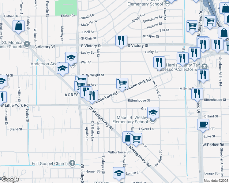 map of restaurants, bars, coffee shops, grocery stores, and more near 959 West Little York Road in Houston