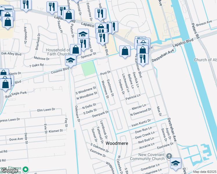 map of restaurants, bars, coffee shops, grocery stores, and more near 2301 Eastmere Street in Harvey