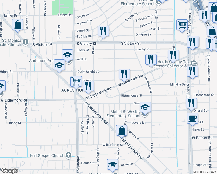 map of restaurants, bars, coffee shops, grocery stores, and more near 959 West Little York Road in Houston