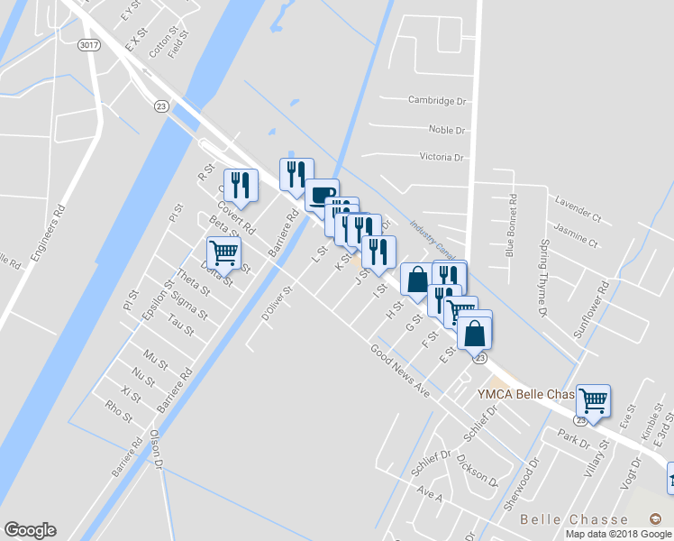 map of restaurants, bars, coffee shops, grocery stores, and more near 113 K Street in Belle Chasse