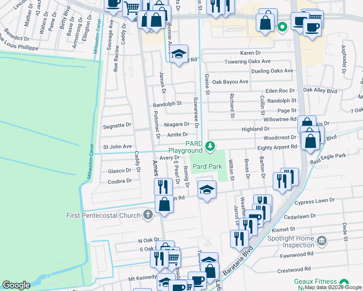 map of restaurants, bars, coffee shops, grocery stores, and more near 5529 Trinity Drive in Marrero