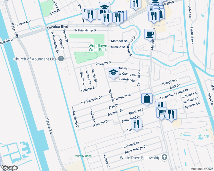 map of restaurants, bars, coffee shops, grocery stores, and more near 2247 Telestar Street in Harvey