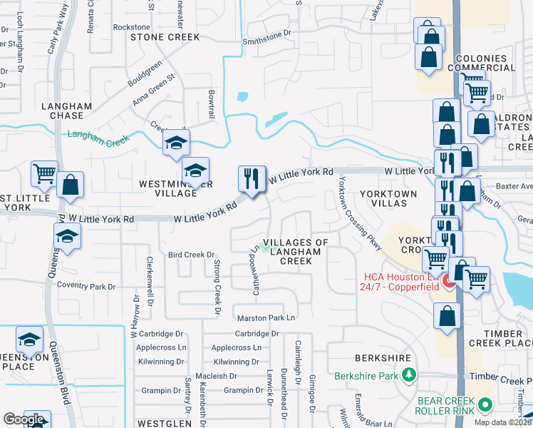 map of restaurants, bars, coffee shops, grocery stores, and more near 16503 Beckland Lane in Houston