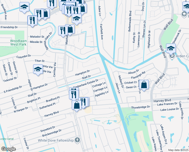 map of restaurants, bars, coffee shops, grocery stores, and more near 1705 Timberlane Estate Drive in Harvey