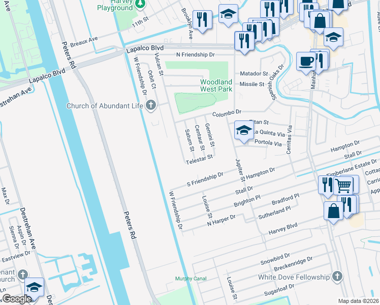 map of restaurants, bars, coffee shops, grocery stores, and more near 2680 Saturn Street in Harvey