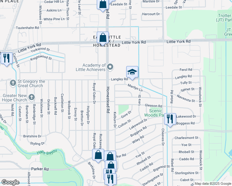 map of restaurants, bars, coffee shops, grocery stores, and more near 7203 Saunders Road in Houston