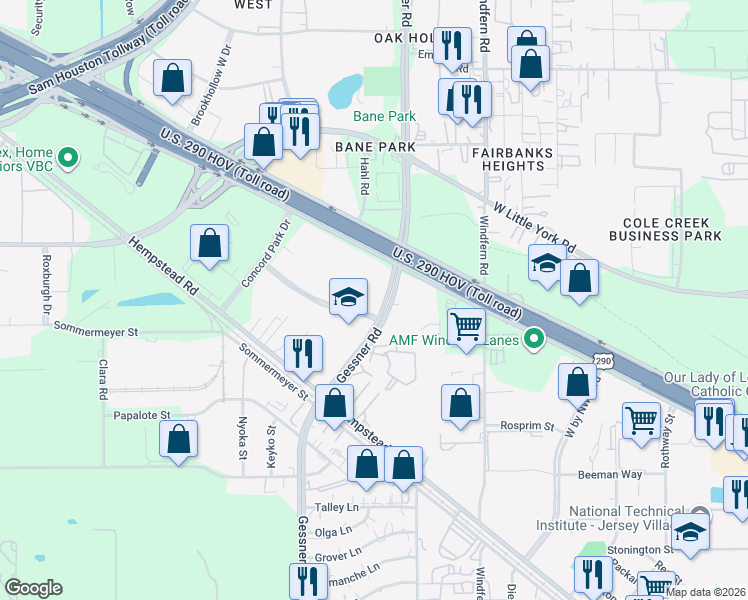 map of restaurants, bars, coffee shops, grocery stores, and more near 6707 Gessner Road in Houston