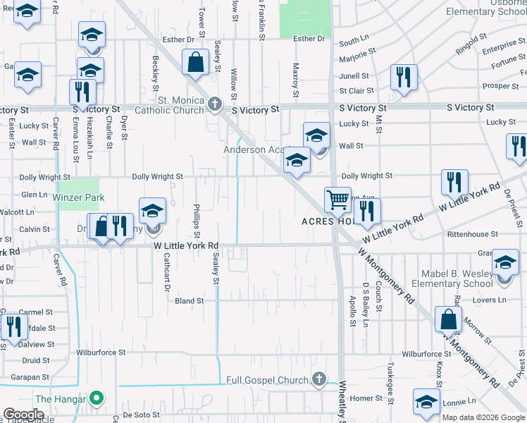 map of restaurants, bars, coffee shops, grocery stores, and more near 7198 Wendemere Street in Houston