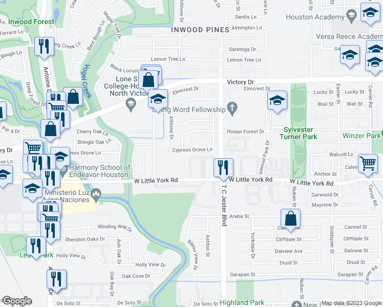 map of restaurants, bars, coffee shops, grocery stores, and more near 3811 Cypress Grove Lane in Houston