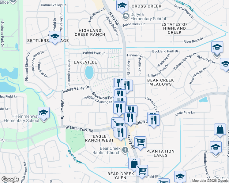 map of restaurants, bars, coffee shops, grocery stores, and more near 6114 Elton Knolls Street in Katy