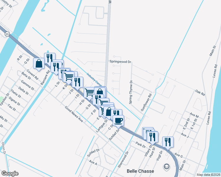 map of restaurants, bars, coffee shops, grocery stores, and more near 40774 Boothville River Road in Belle Chasse