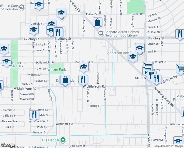 map of restaurants, bars, coffee shops, grocery stores, and more near 7110 Parkes Street in Houston