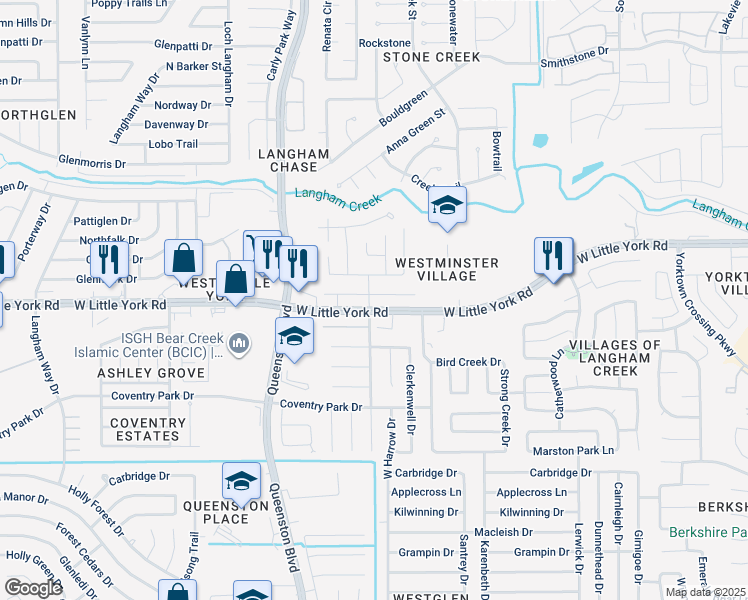 map of restaurants, bars, coffee shops, grocery stores, and more near 17047 Wilthorne Gardens Court in Houston