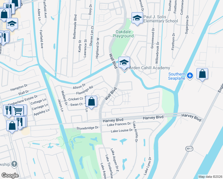 map of restaurants, bars, coffee shops, grocery stores, and more near 3252 Wall Boulevard in Gretna