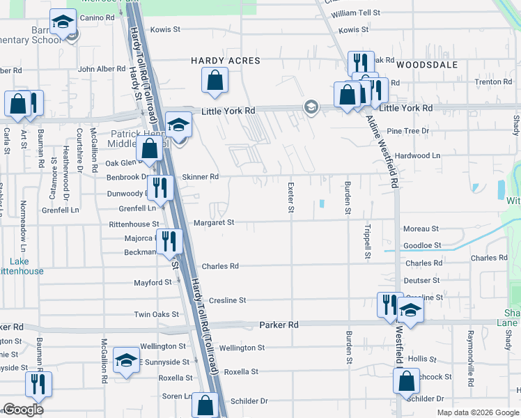 map of restaurants, bars, coffee shops, grocery stores, and more near 1731 Margaret Street in Houston