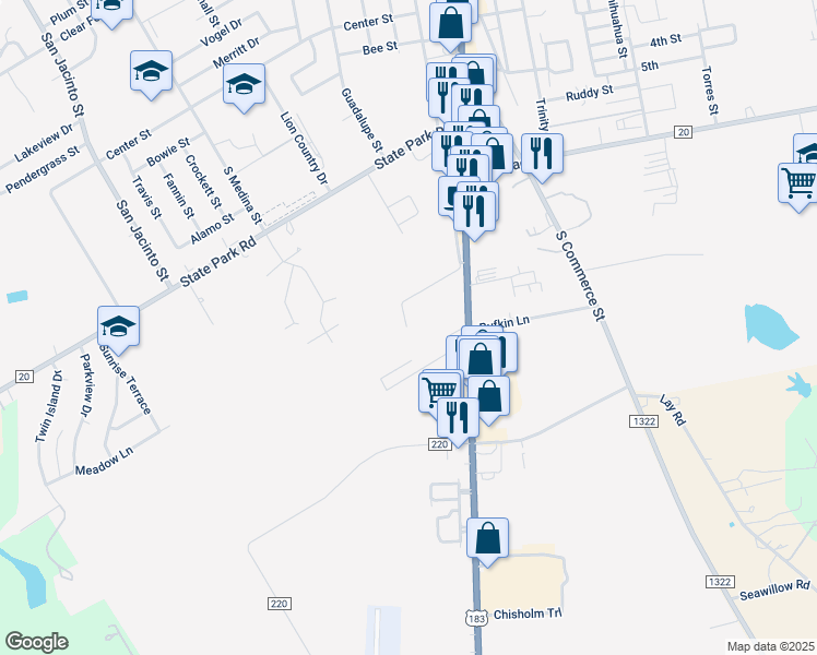 map of restaurants, bars, coffee shops, grocery stores, and more near 1505 South Main Street in Lockhart