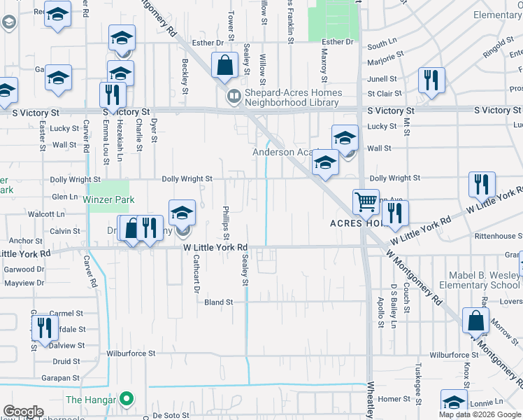 map of restaurants, bars, coffee shops, grocery stores, and more near 7121 Willow Street in Houston
