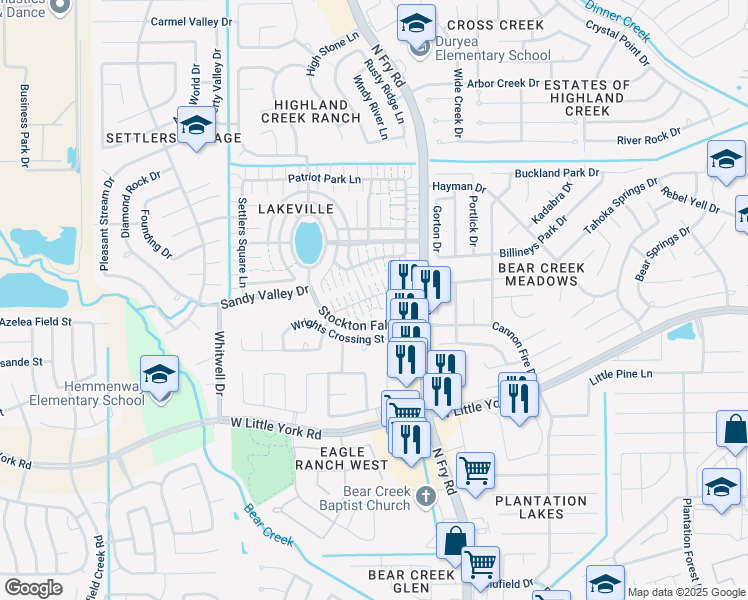 map of restaurants, bars, coffee shops, grocery stores, and more near 6117 Elton Knolls Street in Katy