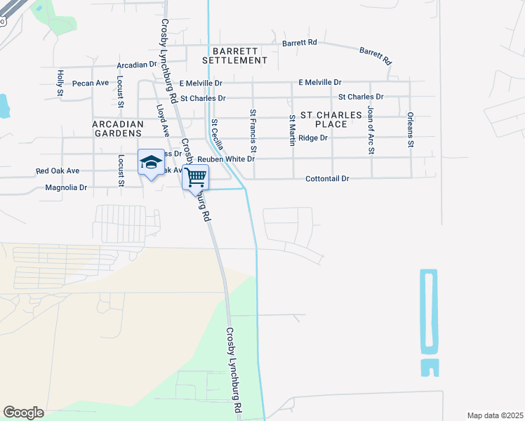 map of restaurants, bars, coffee shops, grocery stores, and more near Saint Cecilia in Crosby
