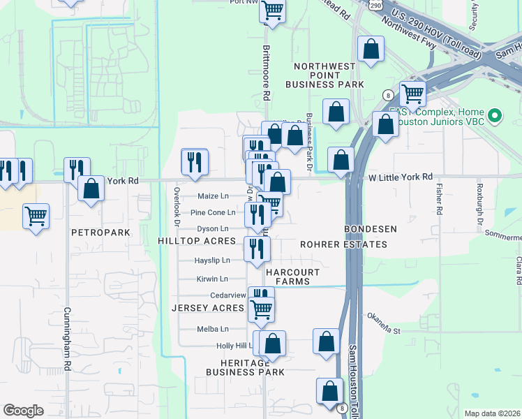 map of restaurants, bars, coffee shops, grocery stores, and more near 6531 Brittmoore Road in Houston