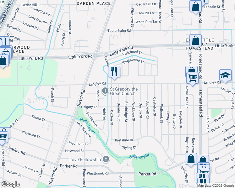 map of restaurants, bars, coffee shops, grocery stores, and more near 10518 Barnham Street in Houston