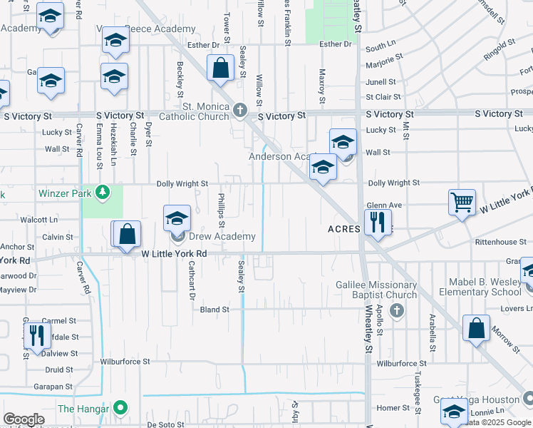 map of restaurants, bars, coffee shops, grocery stores, and more near 7115 Wendemere Street in Houston