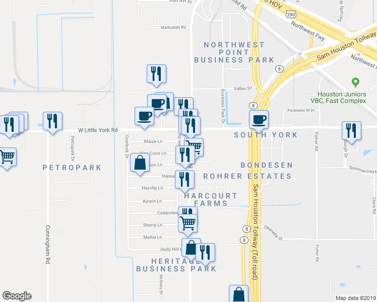 map of restaurants, bars, coffee shops, grocery stores, and more near 6531 Brittmoore Road in Houston