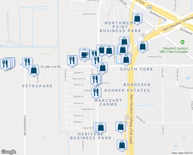 map of restaurants, bars, coffee shops, grocery stores, and more near 6531 Brittmoore Road in Houston