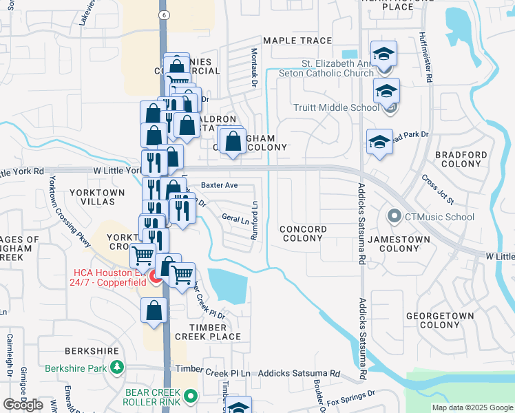 map of restaurants, bars, coffee shops, grocery stores, and more near 15310 Geral Lane in Houston