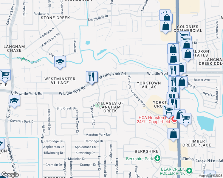 map of restaurants, bars, coffee shops, grocery stores, and more near 6039 Bassetdale Lane in Houston