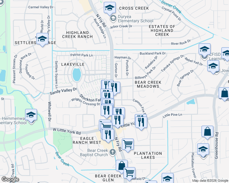 map of restaurants, bars, coffee shops, grocery stores, and more near 19902 Brisbane Meadows Court in Katy