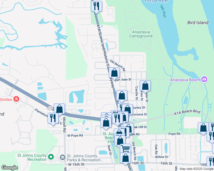 map of restaurants, bars, coffee shops, grocery stores, and more near 4 Grandview Road in St. Augustine