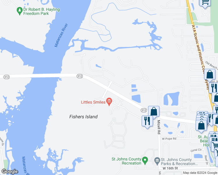 map of restaurants, bars, coffee shops, grocery stores, and more near 1 Marina Cove Drive in St. Augustine