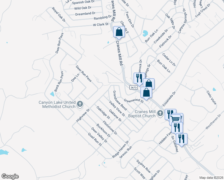 map of restaurants, bars, coffee shops, grocery stores, and more near 129 Valley View Street in Canyon Lake