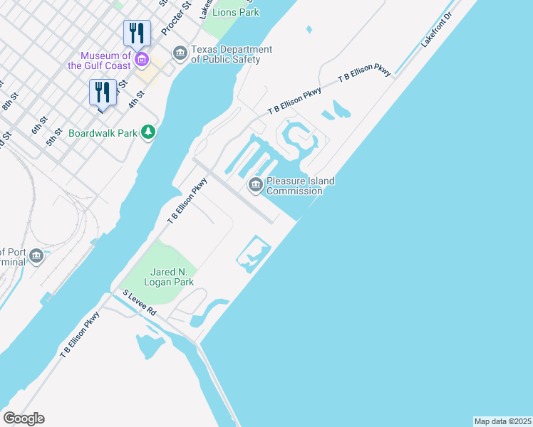 map of restaurants, bars, coffee shops, grocery stores, and more near 580 Pleasure Pier Boulevard in Port Arthur