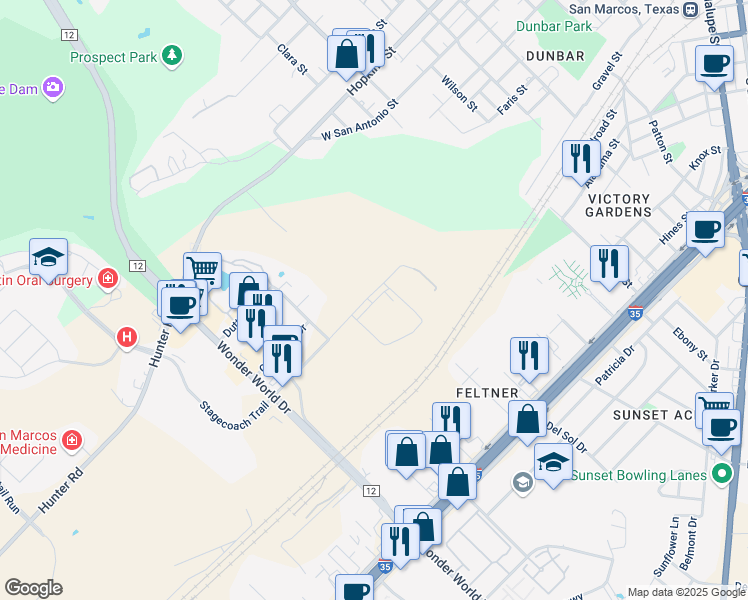 map of restaurants, bars, coffee shops, grocery stores, and more near 712 South Stagecoach Trail in San Marcos