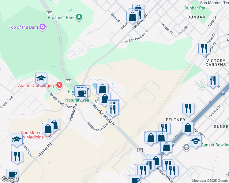 map of restaurants, bars, coffee shops, grocery stores, and more near 1901 Dutton Drive in San Marcos