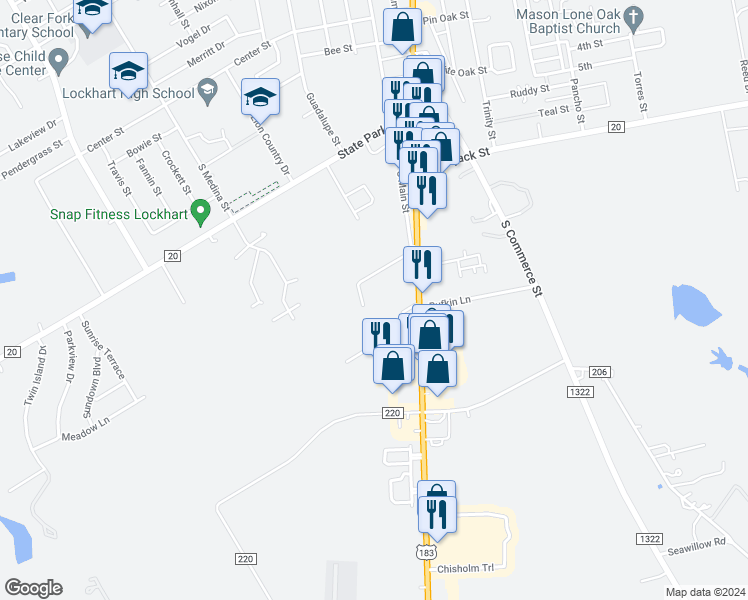 map of restaurants, bars, coffee shops, grocery stores, and more near 1505 South Main Street in Lockhart