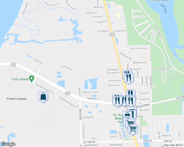 map of restaurants, bars, coffee shops, grocery stores, and more near 962 Fish Island Place in St. Augustine