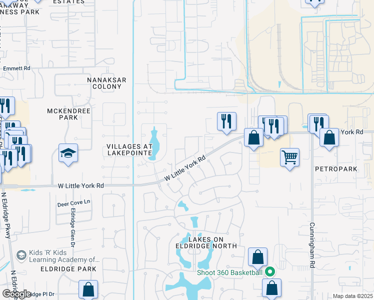 map of restaurants, bars, coffee shops, grocery stores, and more near 12410 West Little York Road in Houston