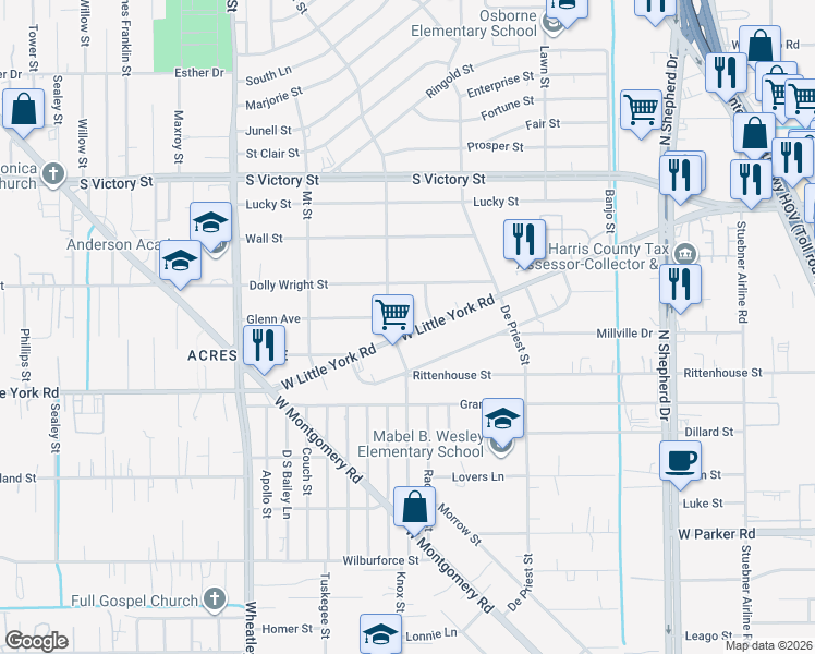 map of restaurants, bars, coffee shops, grocery stores, and more near 7319 Alba Street in Houston