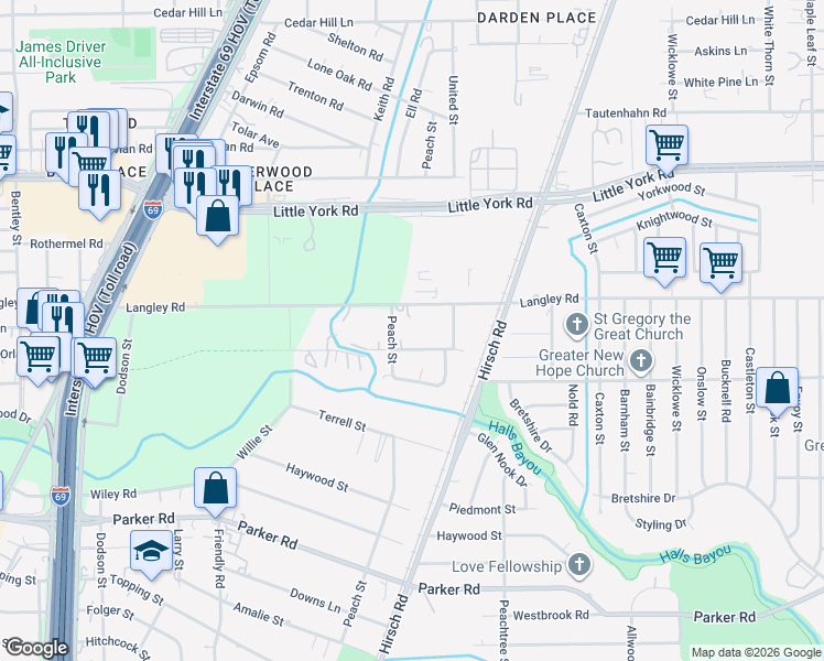 map of restaurants, bars, coffee shops, grocery stores, and more near 4814 Langley Road in Houston