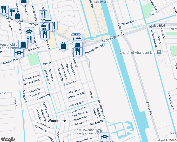 map of restaurants, bars, coffee shops, grocery stores, and more near 2628 Destrehan Avenue in Harvey