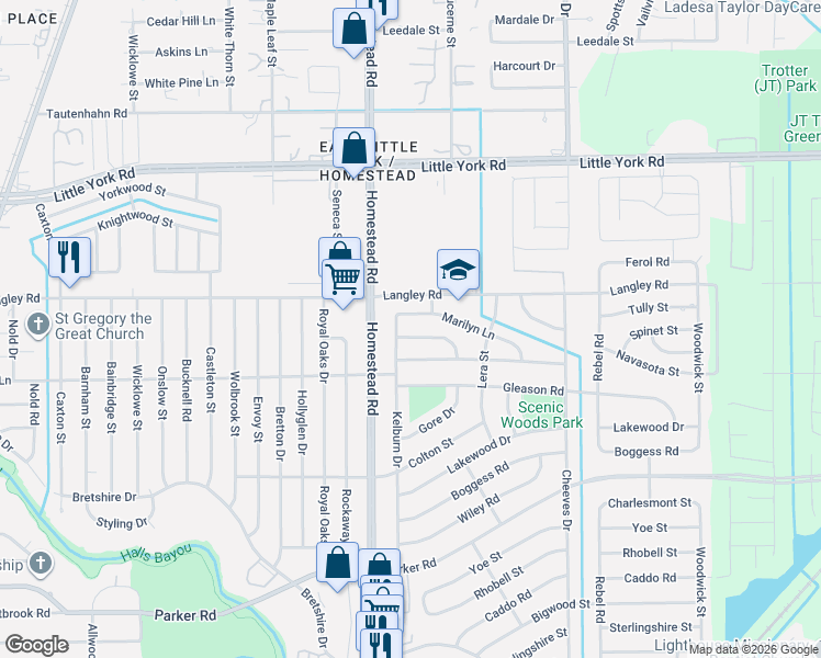 map of restaurants, bars, coffee shops, grocery stores, and more near 7210 Langley Road in Houston